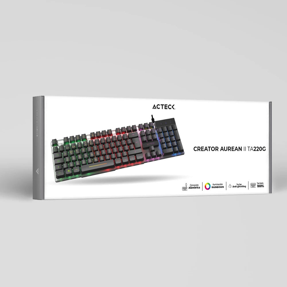 TECLADO ACTECK CREATOR AUREAN II TA220G / ALAMBRICO USB / ILUMINACION RAINBOWN / MULTIMEDIA / MEMBRANA / MULTI LENGUAJE / 107 TECLAS / WIN XP- 7- 8 -10 /  ANTIGHOSTING / NEGRO TRANSLUCIDO / AC-939195