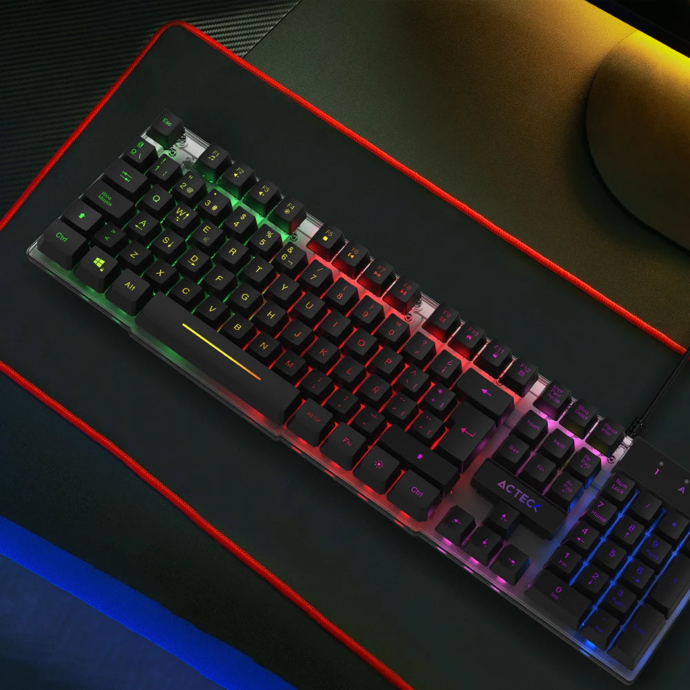 TECLADO ACTECK CREATOR AUREAN II TA220G / ALAMBRICO USB / ILUMINACION RAINBOWN / MULTIMEDIA / MEMBRANA / MULTI LENGUAJE / 107 TECLAS / WIN XP- 7- 8 -10 /  ANTIGHOSTING / NEGRO TRANSLUCIDO / AC-939195
