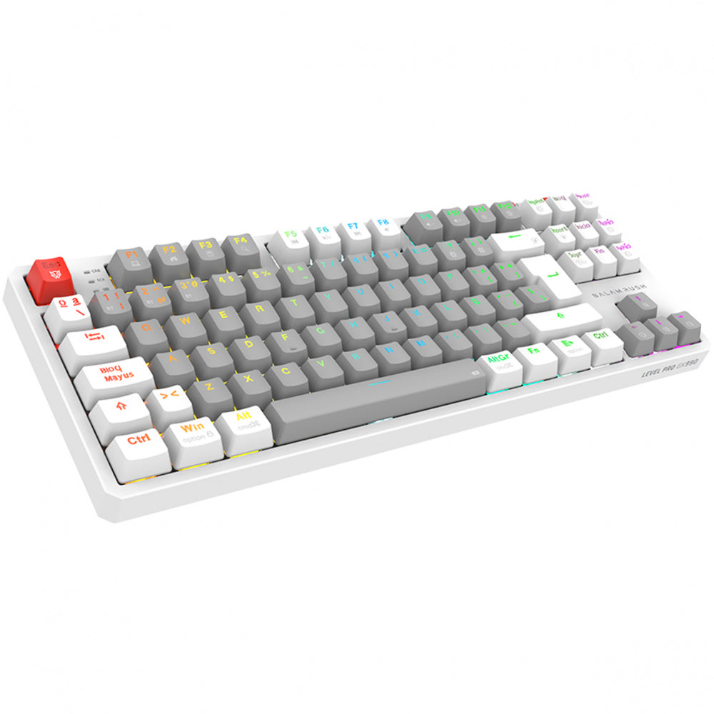 TECLADO GAMER BALAM RUSH LEVEL PRO GK990 / DUAL RECARGABLE / USB - BT - DONGLE / 5 DISPOSITIVOS / RECARGABLE / 88 TECLAS / ESPAÑOL / WIN - MAC- ANDROID / RGB / MECANICO /  BLANCO / BR-940689