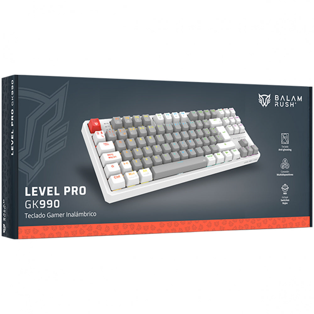TECLADO GAMER BALAM RUSH LEVEL PRO GK990 / DUAL RECARGABLE / USB - BT - DONGLE / 5 DISPOSITIVOS / RECARGABLE / 88 TECLAS / ESPAÑOL / WIN - MAC- ANDROID / RGB / MECANICO /  BLANCO / BR-940689