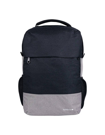 Backpack Strong Grey TechZone de 15.6 pulgadas - múltiples compartimientos, organizador frontal, costuras y asas reforzadas, garantía limitada de por vida.