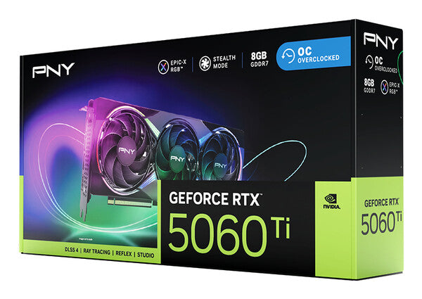 TARJETA DE VIDEO PNY GEOFORCE RTX 5060 TI TRIPLE FAN ARGB OC / 8GB GDDR7/ PCIE 5.0 / GAMA MEDIA / GAMER