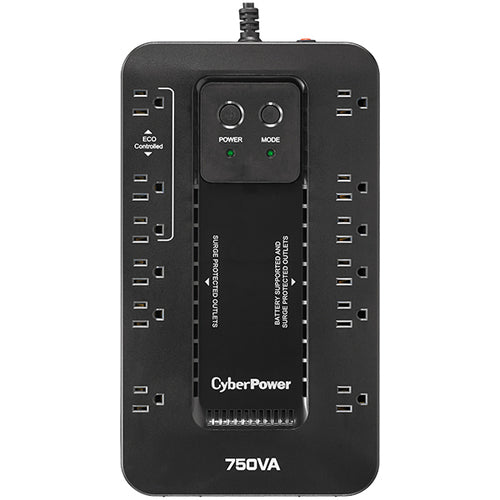 NO BREAK CYBERPOWER (EC750G) 750VA / 450W, STANDBY, GABINETE COMPACTO, 12 × NEMA 5-15R (, 3 SUPRESIÓN CON MODO ECO, 6 SUPRESIÓN CON BATERÍA DE RESPALDO) GARANTÍA 3 AÑOS INCLUYE BATERÍA.