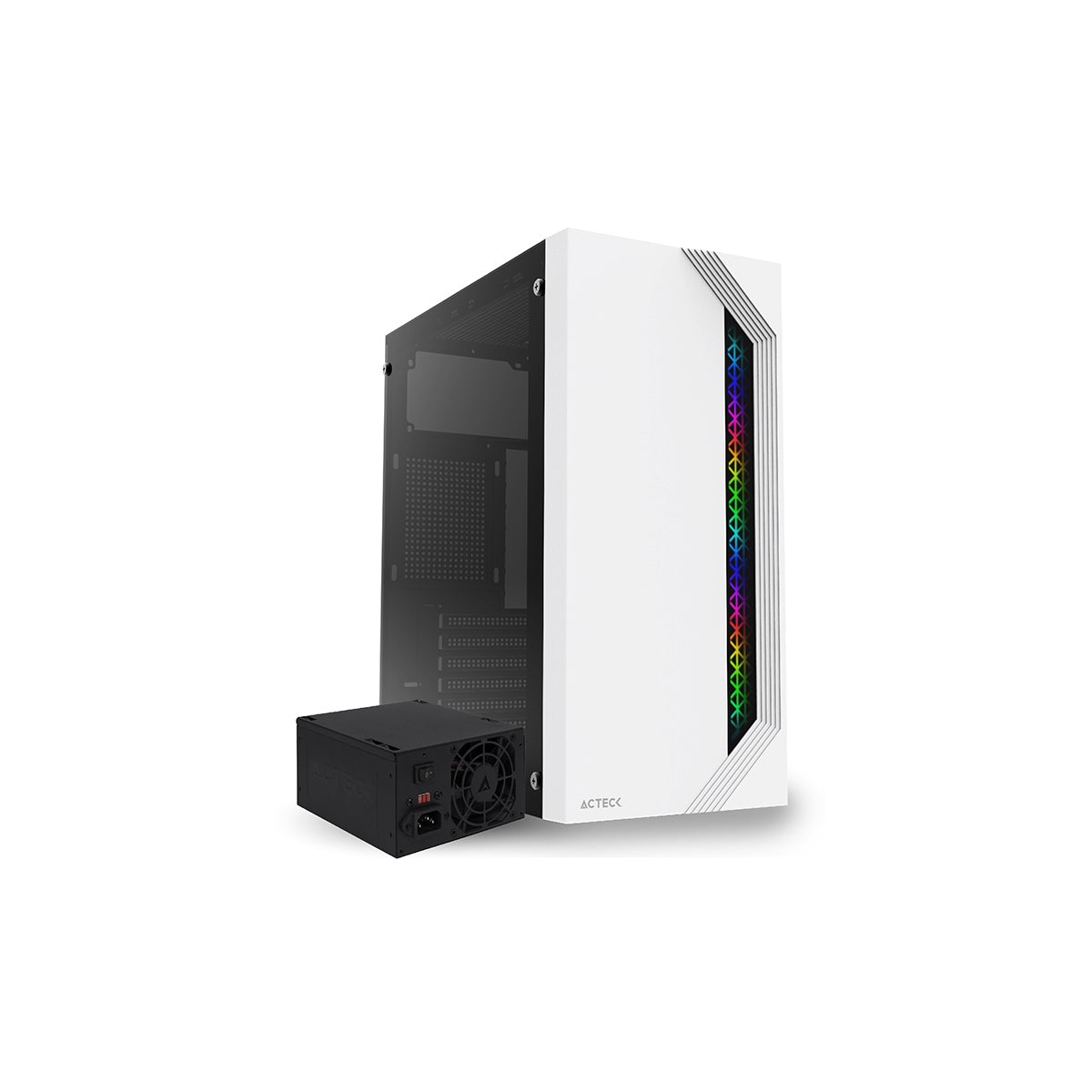 GABINETE ACTECK (AC-935708) VIKEN GM434,MICRO ATX,FUENTE 500W,2*USB 2.0,RGB,CRISTAL TEMP,BLANCO