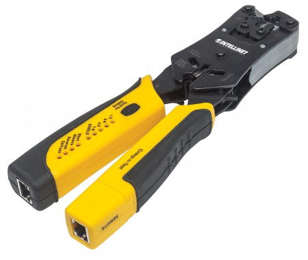 780124 Pinza Crimpeadora Universal 2 en 1 con Probador de Cables; corta - pela, remata y prueba.