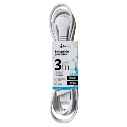 Extensión Eléctrica Nextep NE-244T para casa y oficina 16 AWG 3mts.Clavija Plana Color  Blanco y tres contactos polarizados -