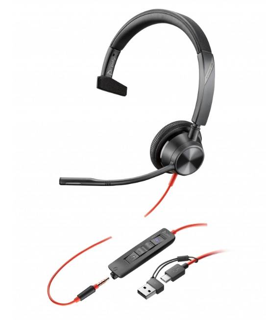 Poly Blackwire 3315 - Alambricos, USB-C con adaptador USB-C/A, Monoaural, certificacion Microsoft Teams