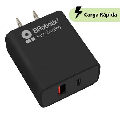 CARGADOR CARGA RÁPIDA - DUAL USB V3.0, 18W, 1 PUERTO TIPO A Y 1 PUERTO TIPO C, COLOR NEGRO, BROBOTIX 6006658