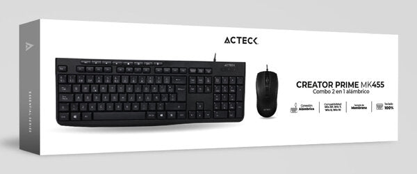 KIT ACTECK CREATOR PRIME MK455 / TECLADO Y MOUSE / ALAMBRICO / 105 TECLAS / MULTIMEDIA / 1600 DPI AJUSTABLE / OPTICO / 3 BOTONES + SCROLL / WIN - MAC OS - ANDROID / NEGRO / AC-939928