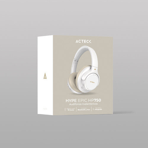 AUDIFONOS ACTECK HYPE EPIC HP750 / DIADEMA / INALAMBRICOS / DUAL BT -AUX 3.5 MM / BATERIA 75 HRS / MICROFONO OMNIDIRECCIONAL / CANCELACION DE RUIDO / BOCINAS 40 MM 20 HZ A 20 KHZ / BLANCO / AC-940863