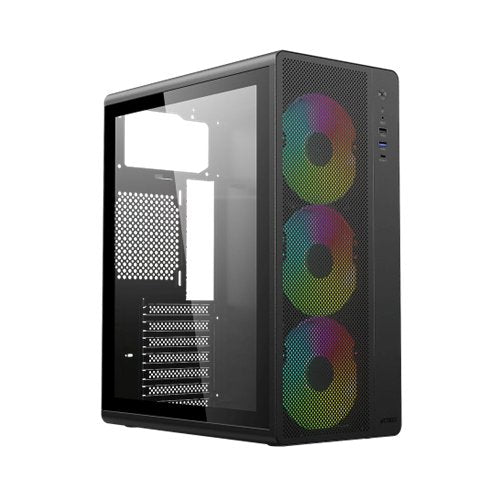 GABINETE ACTECK ESSEN PRO X GM767 / MEDIA TORRE / ATX - M-ATX - ITX / ILUMINACION RAINBOW / LATERAL CRISTAL TEMPLADO / VENTILADORES INCLUIDOS / NO INCLUYE FUENTE DE PODER / NEGRO / AC-941709