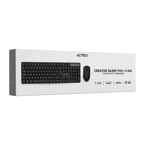KIT ACTECK CREATOR SILENT PRO MK474 / TECLADO Y MOUSE / INALAMBRICO DONGLE USB / WIN, MAC, ANDROID / MEMBRANA /106 TECLAS / ERGONOMICO / 5000 DPI AJUSTABLE / 6 BOTONES / OPTICO / NEGRO /AC-943505