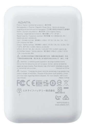 BATERIA DE RESPALDO ADATA POWER BANK C10022 10000MAH ENTRADA USB TIPO C Y USB TIPO A BLANCA PC1002212WH