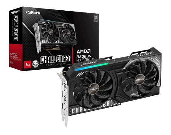 TARJETA DE VIDEO ASROCK AMD RADEON RX 9060 XT CHALLENGER OC/8GB GDDR6/PCIE 5.0 X 16/128 BITS/BOOST CLOCK 3290 MHZ/DUAL FAN CON INDICADOR LED/1 HDMI 2.1/2 DISPLAYPORT 2.1/RESOLUCION MAX 8K