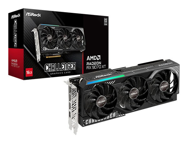 TARJETA DE VIDEO ASROCK AMD RADEON RX 9070 XT CHALLENGER/16GB GDDR6/PCIE 5.0 X 16/128 BITS/BOOST CLOCK 2970 MHZ/TRIPLE FAN CON INDICADOR LED/1 HDMI 2.1/2 DISPLAYPORT 2.1/RESOLUCION MAX 8K