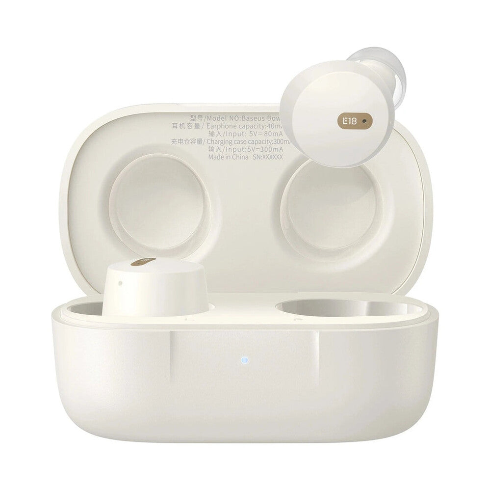 AUDIFONOS INALAMBRICOS BLUETOOTH 5.3 BASEUS, BOWIE E18, 25 HORAS CON EL ESTUCHE DE CARGA, HASTA 6 HORAS DE USO CONTINUO, COMPATIBLE CON ANDROID, IOS, WINDOWS, COLOR BLANCO