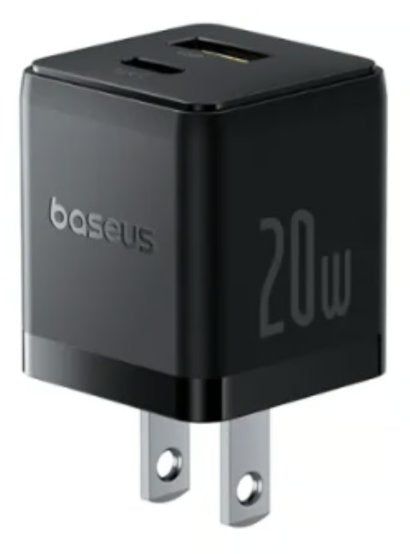 CARGADOR DE PARED 2 PUERTOS BASEUS, CARGA RPIDA, 1 TIPO C1 USB-A 20W, COLOR NEGRO