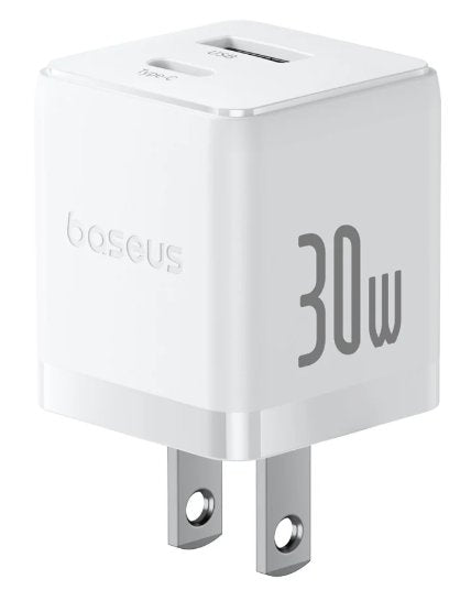 CARGADOR DE PARED 2 PUERTOS BASEUS, CARGA RPIDA, 1 TIPO C1 USB-A 30W, COLOR BLANCO