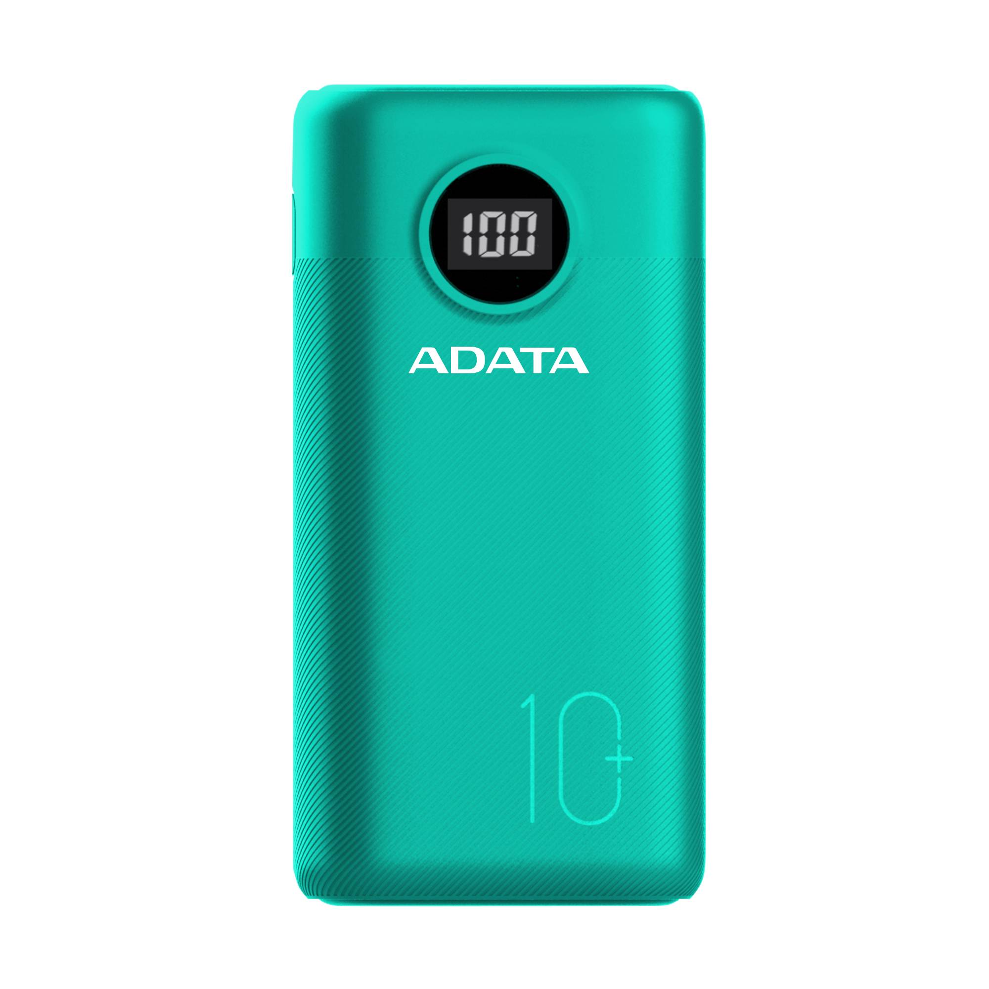 PowerBank ADATA P10000QCD - 10, 000 mAh. Dos puertos USB-A y un puerto USB-C, carga tres dispositivos simultáneamente, indicador de carga, color verde.