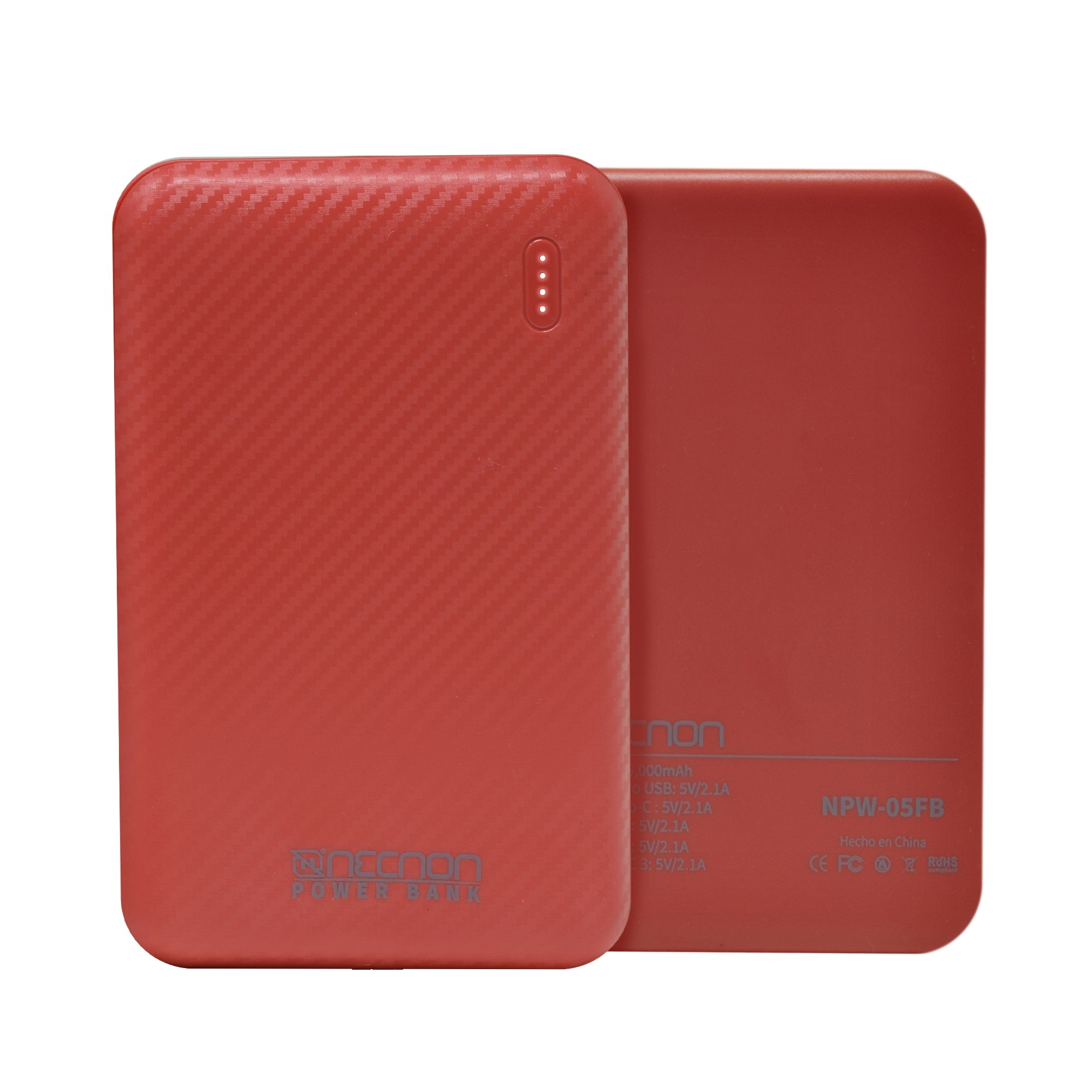 POWERBANK NPW-05FB Necnon 5000mAh CARGA 2.1A 1 A 2 CARGAS INDICADOR LED ENTRADA Y SALIDA TIPO C ROJO CARGA ACELERADA NBPB0502FB -