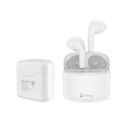 Audífonos Nextep NE-428B Buds Bluetooth Control Táctil hasta 20 horas color Blanco - tipo universal, Alcance de 10 metros Waterproof IPX4
