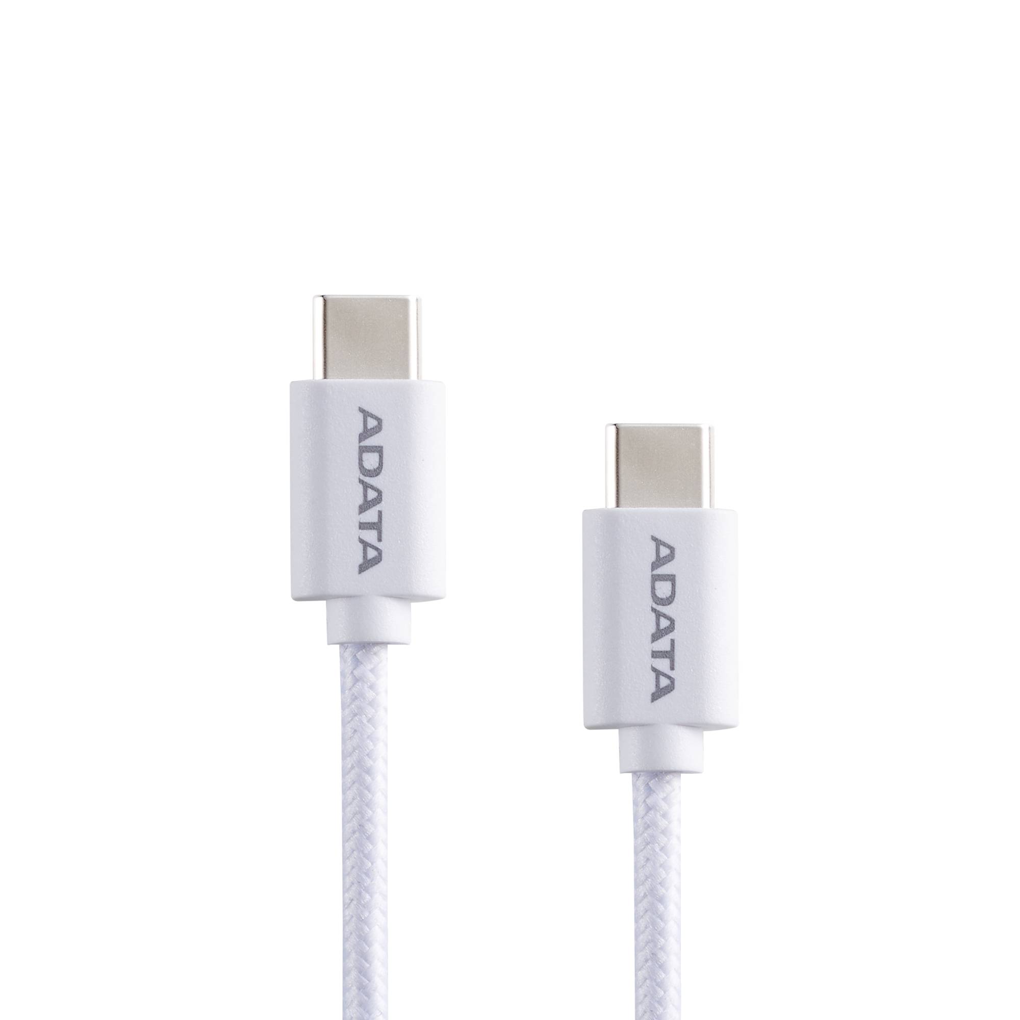 Cable ADATA USB Tipo C - USB Tipo C. Conector reversible tipo C - potencia máxima de salida de 100 W, Tejido de nailon, (1 M de longitud). Color BLANCO. CAC