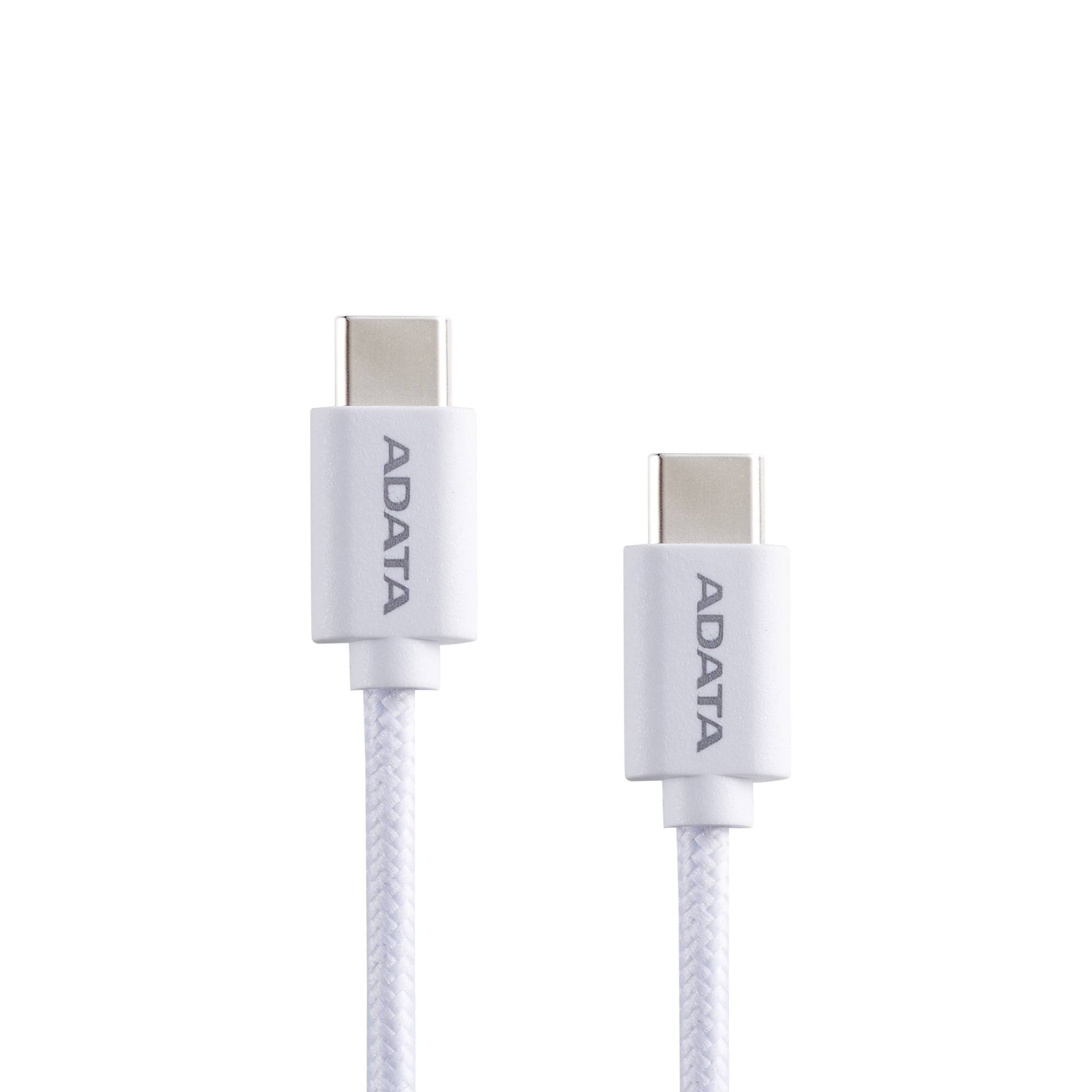 Cable ADATA USB Tipo C - USB Tipo C.  Potencia máxima de salida de 100 W - Tejido de nailon, (2 M de longitud). Color Blanco. CACC-200PN-WH