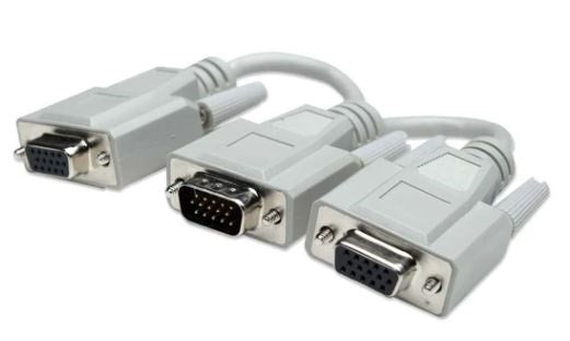 328302 Cable Y para VGA - Conecta una fuente VGA a dos cables de monitor VGA, Longitud 15cm, Color Gris.