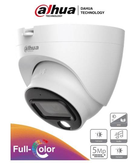 Cámara Domo Full Color 5MP - micrófono integrado, lente 3.6 mm, Visión 88°. Ofrece imagen a color 24/7, WDR real 120dB, LEDs para 20 metros, IP67
