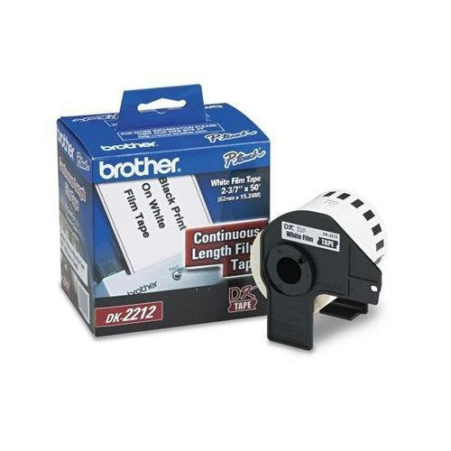 Etiqueta blanca plástica continua no laminada Brother DK2212 de 62 mm de ancho x 15.2 mts de largo. Impresión en negro. QL800 / QL810W / QL1110NWB. -