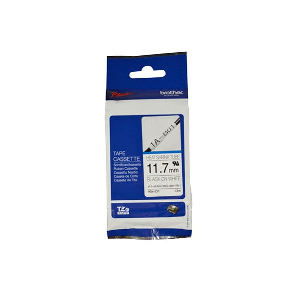 Etiqueta blanca continua termoretráctil Brother HSE231 - de 11.7 mm de diámetro X 1.5 mts de largo. Impresión en negro.