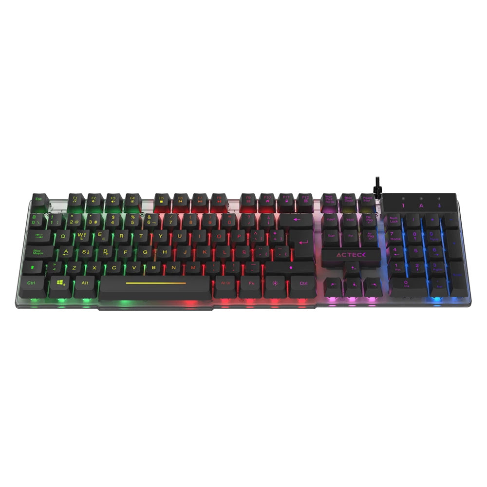 TECLADO ACTECK CREATOR AUREAN II TA220G / ALAMBRICO USB / ILUMINACION RAINBOWN / MULTIMEDIA / MEMBRANA / MULTI LENGUAJE / 107 TECLAS / WIN XP- 7- 8 -10 /  ANTIGHOSTING / NEGRO TRANSLUCIDO / AC-939195