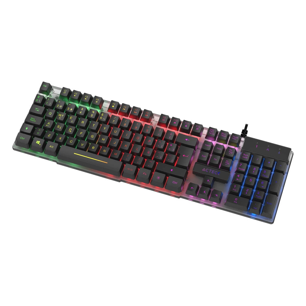 TECLADO ACTECK CREATOR AUREAN II TA220G / ALAMBRICO USB / ILUMINACION RAINBOWN / MULTIMEDIA / MEMBRANA / MULTI LENGUAJE / 107 TECLAS / WIN XP- 7- 8 -10 /  ANTIGHOSTING / NEGRO TRANSLUCIDO / AC-939195
