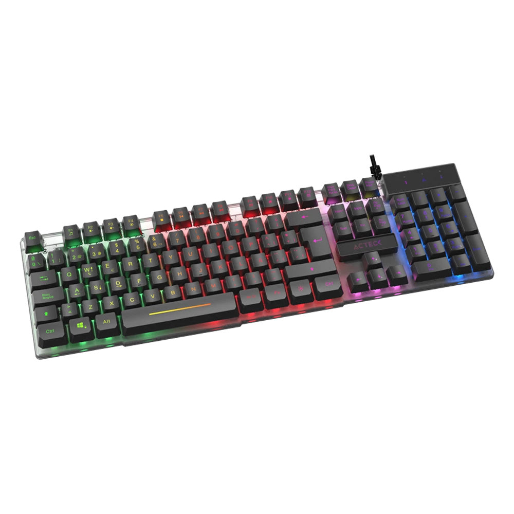 TECLADO ACTECK CREATOR AUREAN II TA220G / ALAMBRICO USB / ILUMINACION RAINBOWN / MULTIMEDIA / MEMBRANA / MULTI LENGUAJE / 107 TECLAS / WIN XP- 7- 8 -10 /  ANTIGHOSTING / NEGRO TRANSLUCIDO / AC-939195