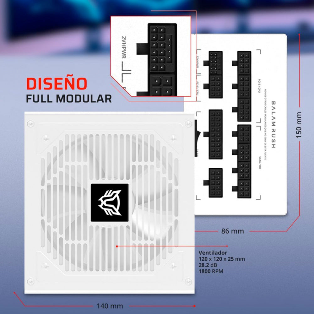FUENTE DE PODER GAMER BALAM RUSH MAGNETAR 1000ZR / 1000 W / ATX 3.0 / FULL MODULAR / CERTIFICADA 80 PLUS GOLD / BAJO NIVEL DE RUIDO / UVP, OVP, OPP Y SCP / BLANCO / BR-940313