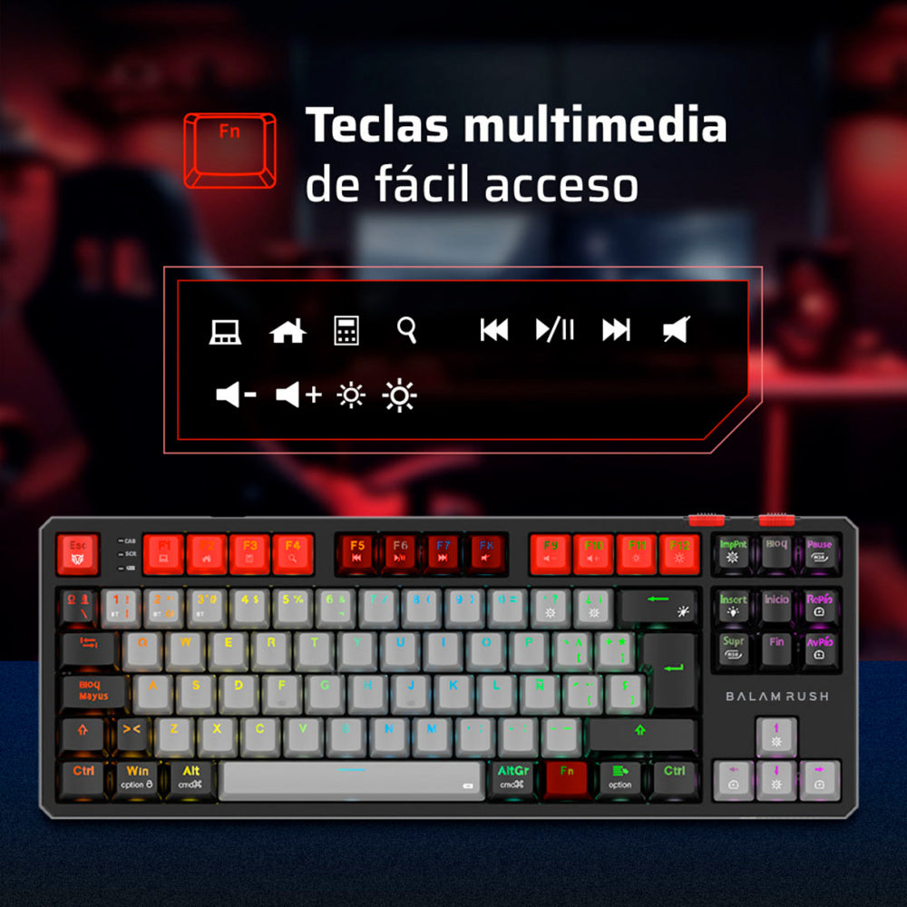 TECLADO GAMER BALAM RUSH LEVEL PRO GK990 / INALAMBRICO / MULTIMEDIA / RGB DINAMICO / RECARGABLE / ESPAÑOL / 105 TECLAS / GRIS-NEGRO / BR-940368