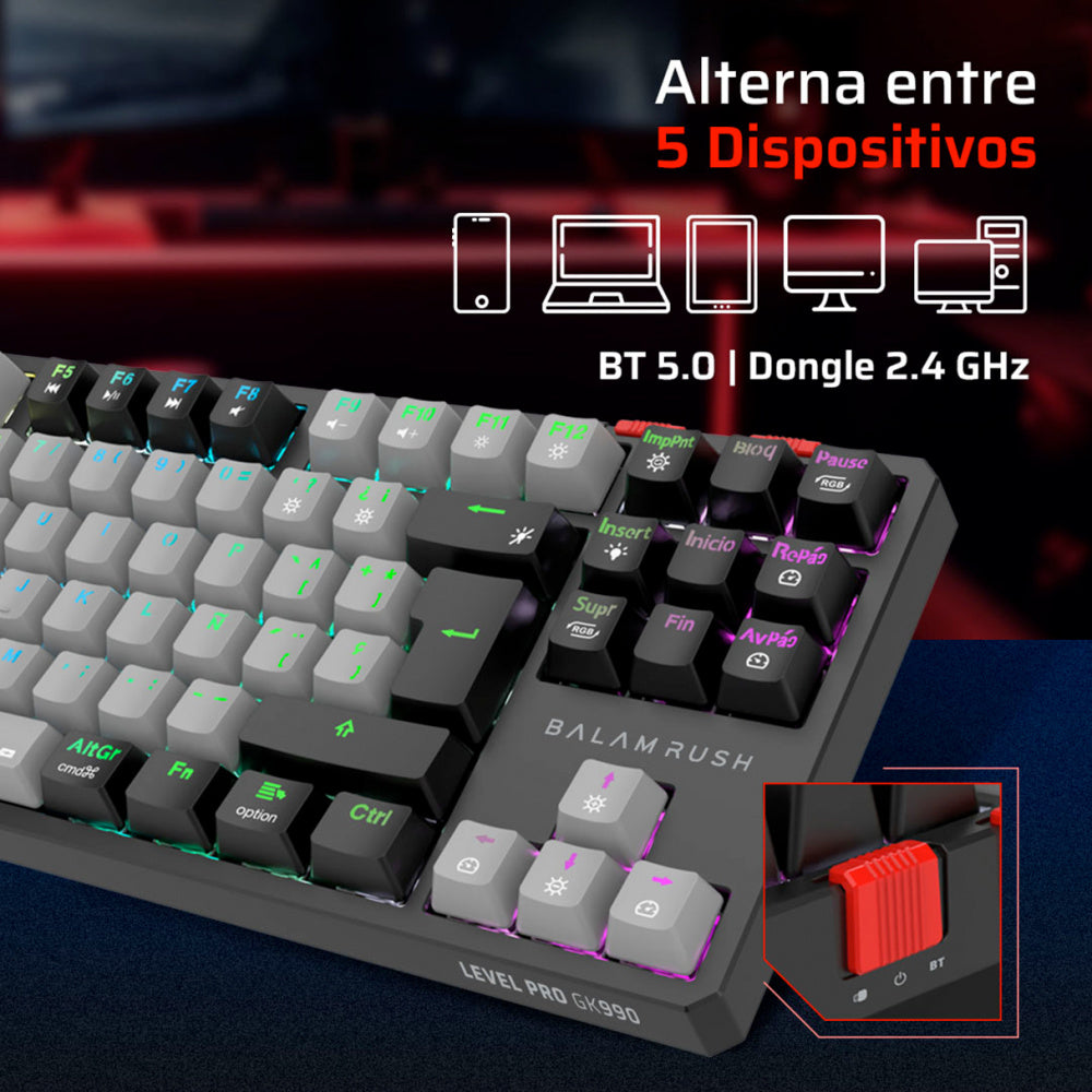 TECLADO GAMER BALAM RUSH LEVEL PRO GK990 / INALAMBRICO / MULTIMEDIA / RGB DINAMICO / RECARGABLE / ESPAÑOL / 105 TECLAS / GRIS-NEGRO / BR-940368