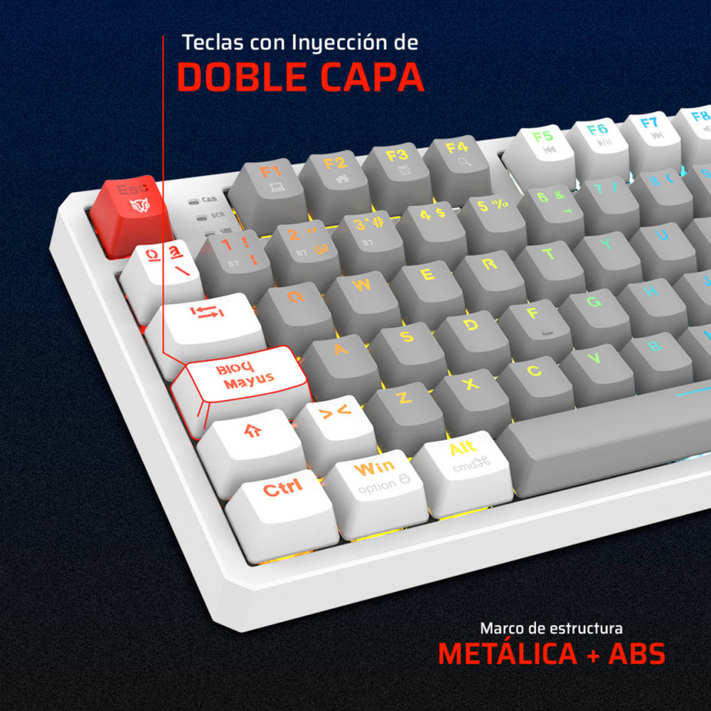 TECLADO GAMER BALAM RUSH LEVEL PRO GK990 / DUAL RECARGABLE / USB - BT - DONGLE / 5 DISPOSITIVOS / RECARGABLE / 88 TECLAS / ESPAÑOL / WIN - MAC- ANDROID / RGB / MECANICO /  BLANCO / BR-940689