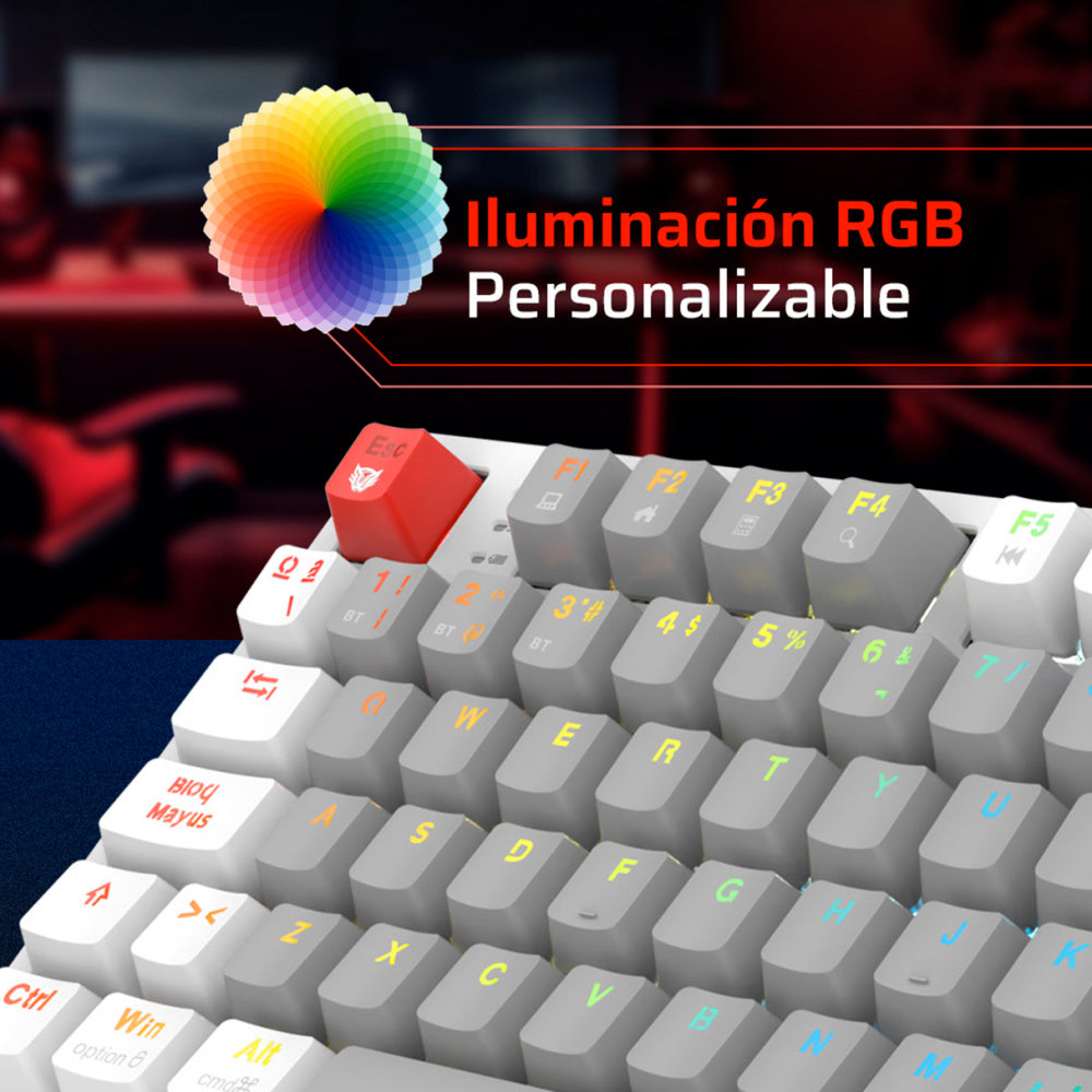 TECLADO GAMER BALAM RUSH LEVEL PRO GK990 / DUAL RECARGABLE / USB - BT - DONGLE / 5 DISPOSITIVOS / RECARGABLE / 88 TECLAS / ESPAÑOL / WIN - MAC- ANDROID / RGB / MECANICO /  BLANCO / BR-940689