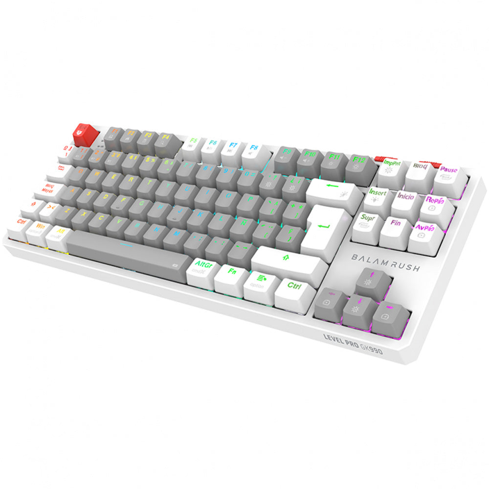 TECLADO GAMER BALAM RUSH LEVEL PRO GK990 / DUAL RECARGABLE / USB - BT - DONGLE / 5 DISPOSITIVOS / RECARGABLE / 88 TECLAS / ESPAÑOL / WIN - MAC- ANDROID / RGB / MECANICO /  BLANCO / BR-940689
