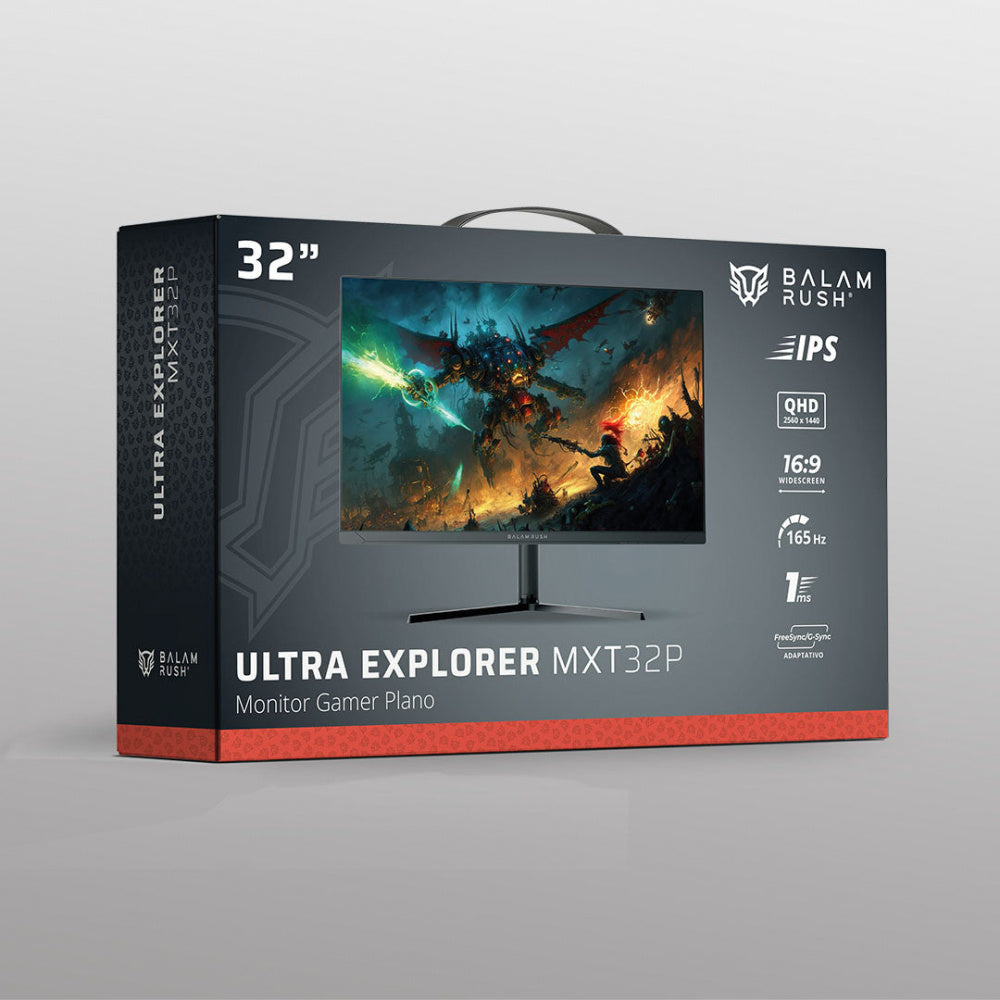 MONITOR GAMER BALAM RUSH ULTRA EXPLORER MXT32P / 32 PULG / PLANO / QHD / 165 HZ / IPS / VESA 75 / 1 MS / RELACION 16:9 / RGB / BOCINAS INTEGRADAS / 5 BOTONES / DC+ USB + HDMI + DP / NEGRO / BR-942546