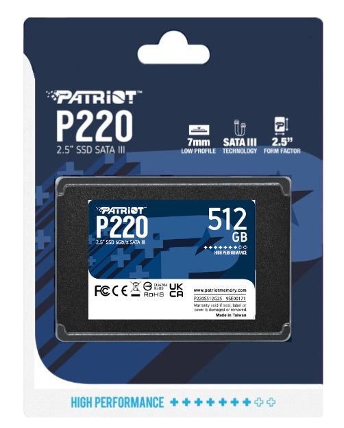 UNIDAD DE ESTADO SOLIDO INTERNO PATRIOT P220 512GB 2.5 SATA LECT.550 ESCRIT.500 MBS 7MM PC LAPTOP MINIPC SIN BRACKET