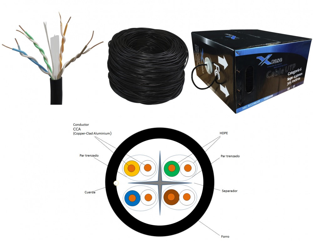 Bobina De Cable Utp Xcase Cat6, 305 Metros, Negro, (ACCCABLE20) .50mm