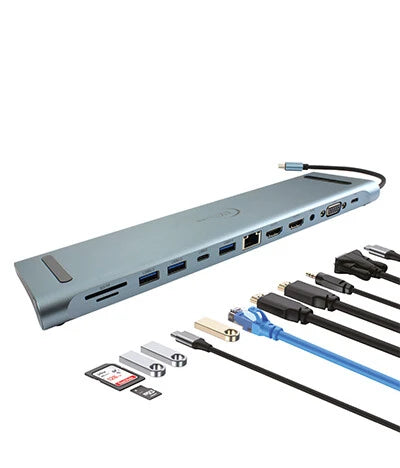 DOCKING STATION EC LINE EC-BYL-2003U2, 12 EN 112 EN 1, USB-C MACHO, HDMI 4K, VGA, USB-A, USB-C PD 100 W, RJ45, LECTOR SD/MICRO-SD, AUDIO 3.5 MM, GRIS