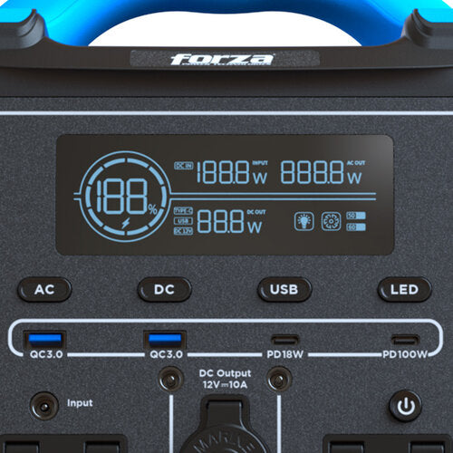 GENERADOR ELECTRICO DE BATERIAS LMFP  PORTATIL FORZA SERIE TITAN FPP-T700 700W 9 SALIDAS 2AC/7DC 2 PANTALLA LCD PANEL DE CONTROL INTEGRADO LAMPARA LED CARGA RAPIDA EN 1.5 HORAS