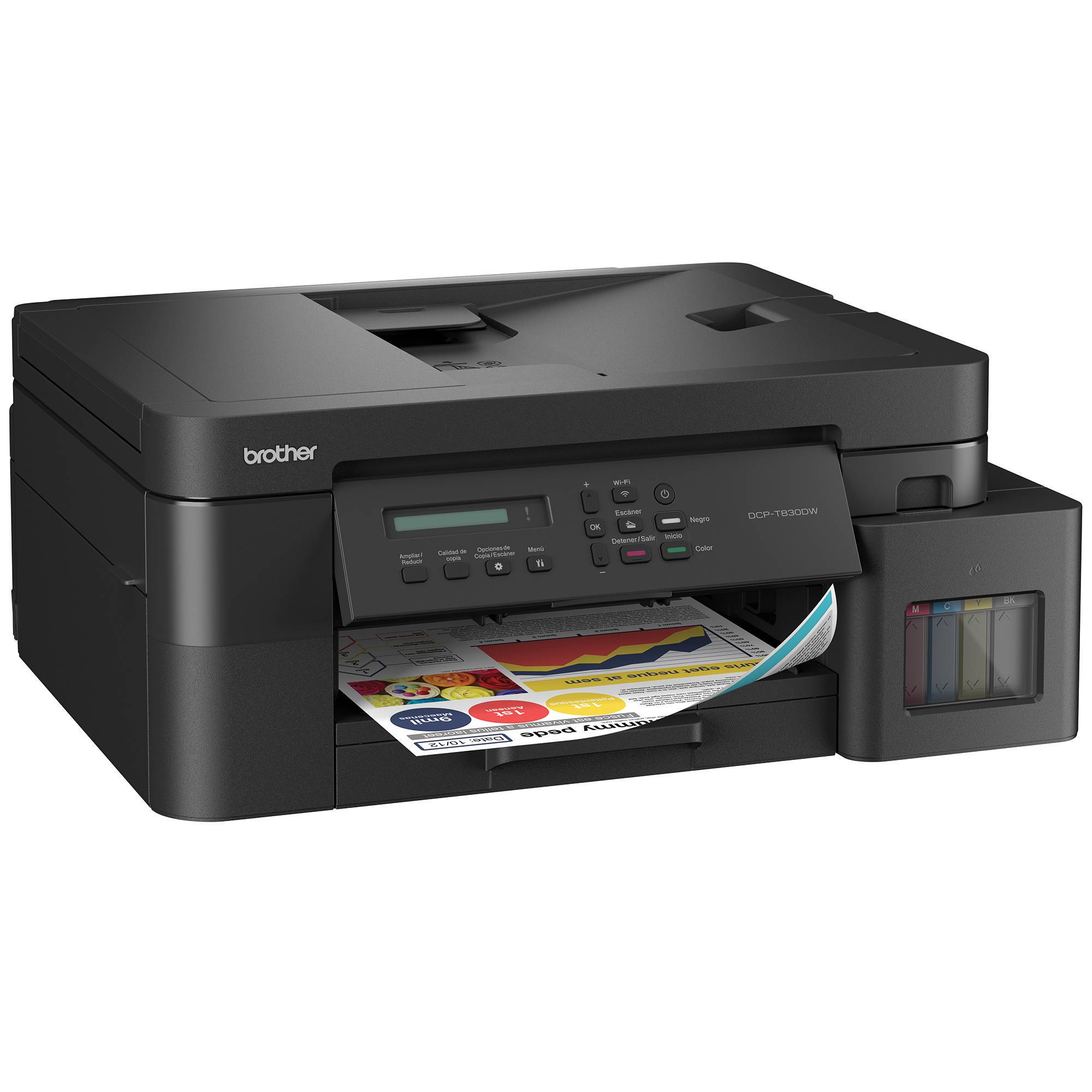 Multifuncional Tinta Continua Brother DCPT830DW - impresión dúplex, 30 ppm negro/26 ppm color, Wifi 2.4/5Ghz, Ethernet, cama plana color tamaño carta