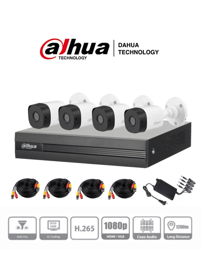 DAHUA KITXVR1B04-I+4B1A21 - Kit de 4 Canales de 2 Megapixeles/ DVR Cooper-I WizSense/ Con IA/ H.265+/ 4 Camaras B1A21 1080p/ 4 Canales + 1 IP -