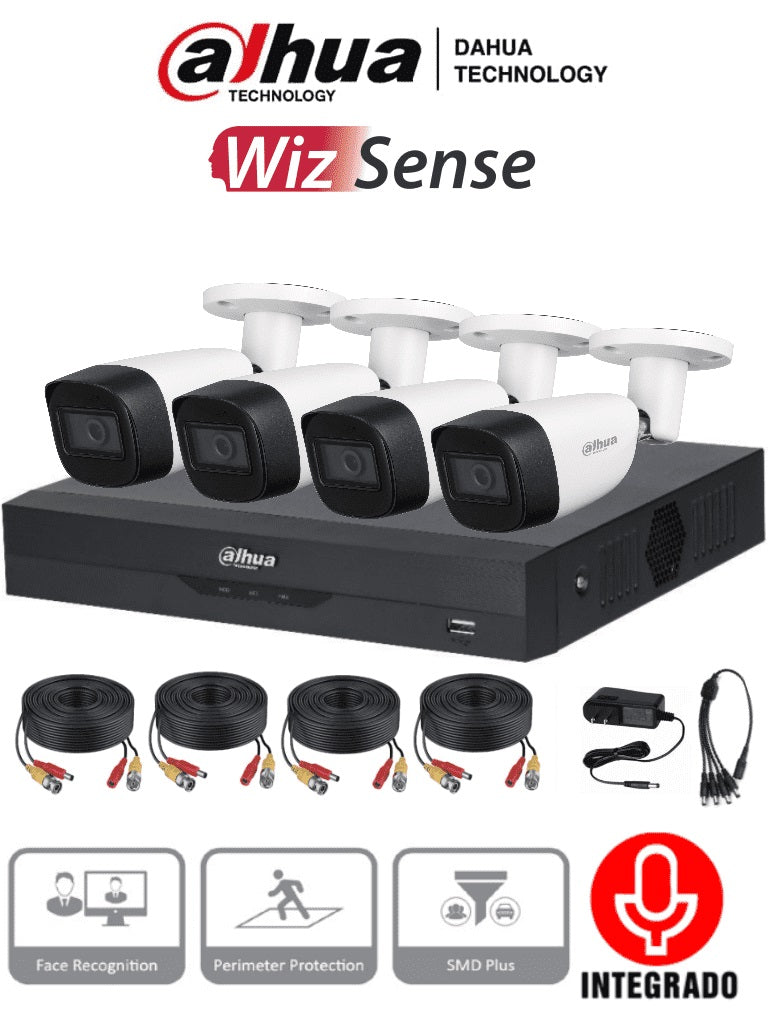 DAHUA KITXVR5104HS4KLI3+4HFW1500CMA- Kit de 4 canales 5 MP con audio y DVR  de 4 CH - Soporta 4 canales + 4 IP o hasta 8 IP + 4 Camaras 5mp