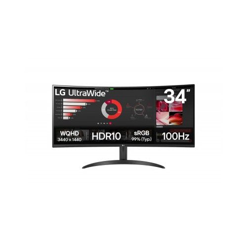 MONITOR PC LG CURVO ULTRAWIDE QHD 34WR50QK,34 PULG,RESOL. 3440X1440,1800R,PANEL VA,REL. 21:9,BRILLO 300 CD/M2,CONTR. 3000:1,TR 5MS,100 HZ,HDR10,HDMI,DISPLAY PORT,MONTABLE PARED 100X100,NEGRO.