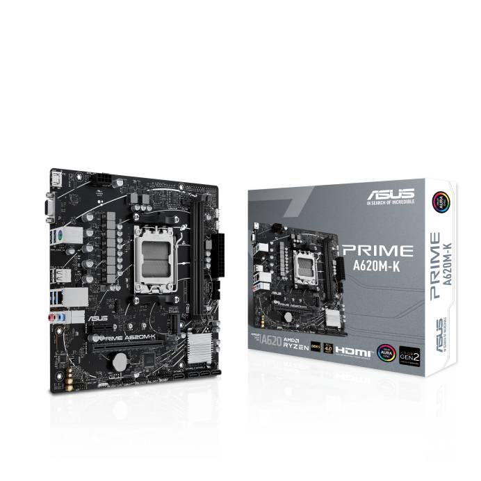 Tarjeta Madre ASUS PRIME A620M-K - mATX, AMD, Ryzen series 7000/8000, PCIe 4.0 M.2, DisplayPort, HDMI™, USB 3.2 Gen 1 Tipo-A, SATA 6 Gbps, Aura Sync